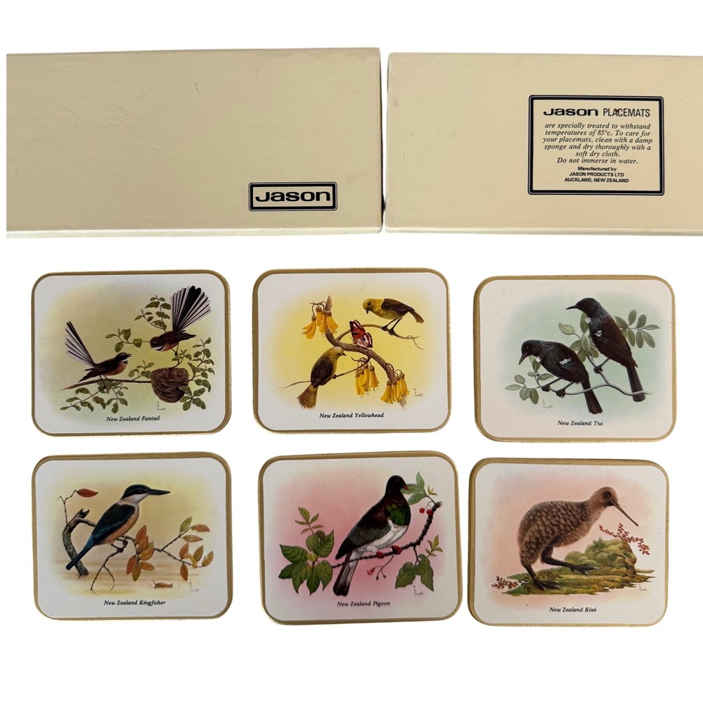 Vintage Jason Coasters Birds of New‎ Zealand Cork Back Set of 6 w/ Box